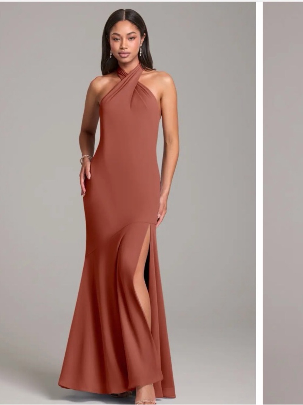 Azazie Auburn Lorena Halter Gown with Twist Neckline and Side Slit
